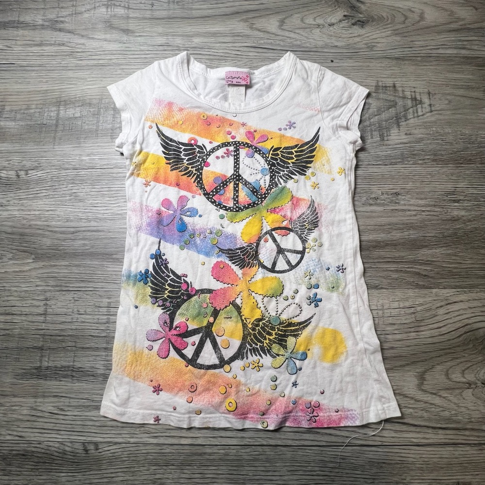 California Girlz Peace Sign Graphic Tee Girls Size M White Rainbow Retro Y2K